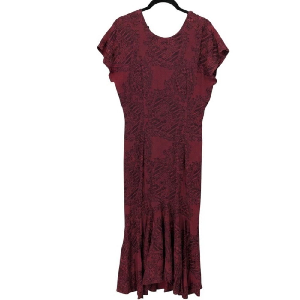 VTG Phoebe Midi Dress Women Small Burgundy Damask Ruffle Vintage 90s Whimsygoth
